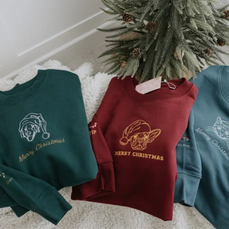 Özel İşlemeli Anahat Evcil Hayvan Portresi Noel Sweatshirt Kapüşonlu Tişört