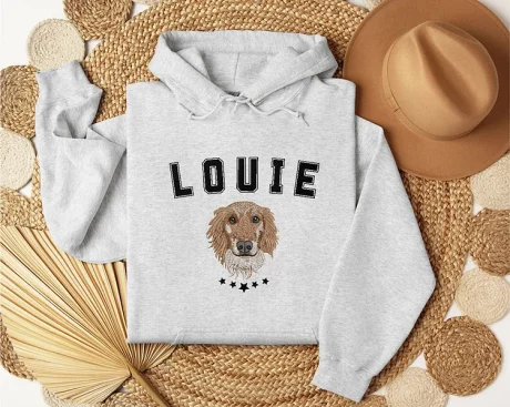 Kişiye Özel Köpek Portresi İşlemeli Kapüşonlu Sweatshirt, Evcil Hayvan Yüzlü Gömlek