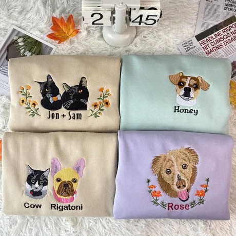Özel Köpek Kedi Yüz İşlemeli Sweatshirt Crewneck Hoodie Tişört, Kişiselleştirilmiş Pet Yüz Sweatshirt